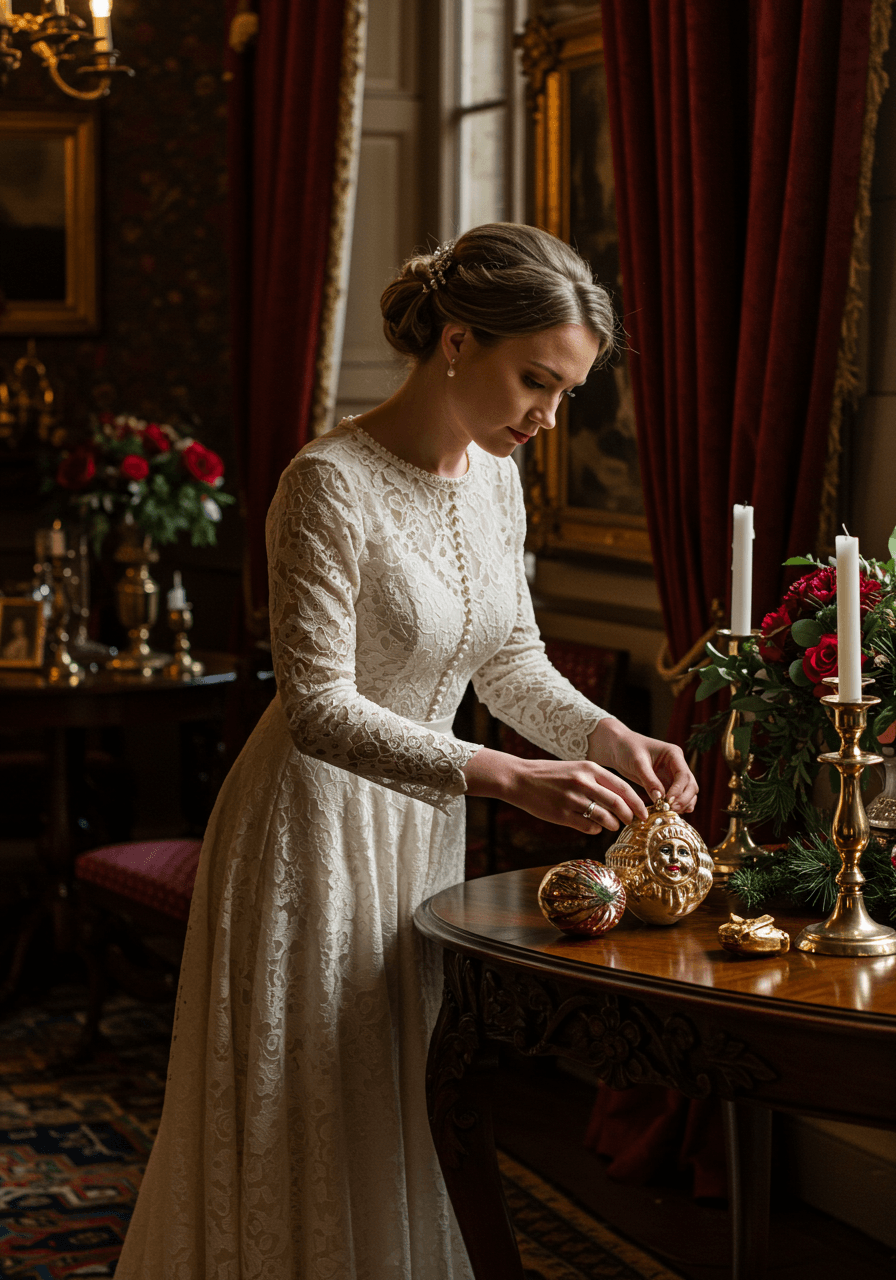 Vintage Christmas table setting with ornate brass fixtures, burgundy velvet, and antique decorations in elegant manor drawing room