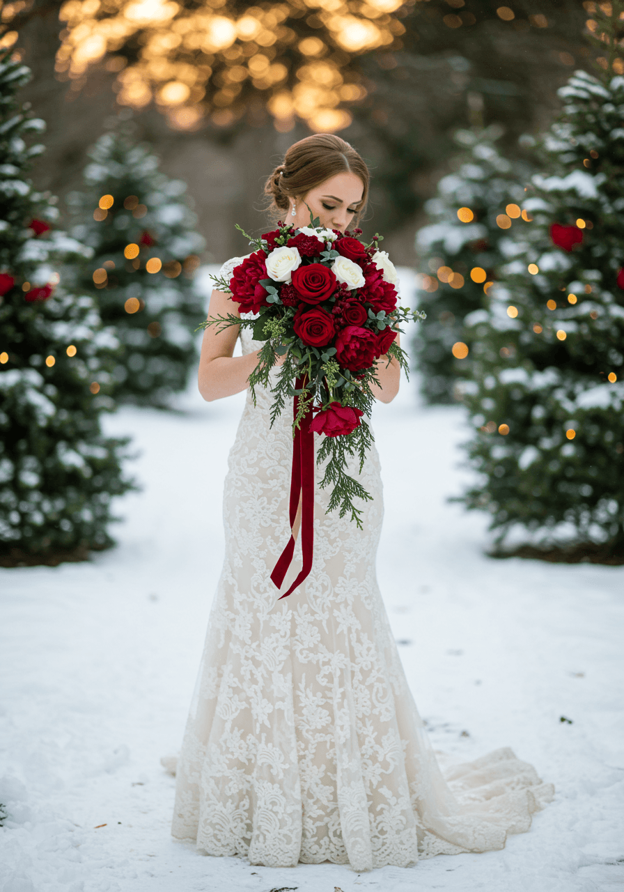 Winter bride with red rose bouquet standing among snow-covered evergreen trees during golden hour lighting
