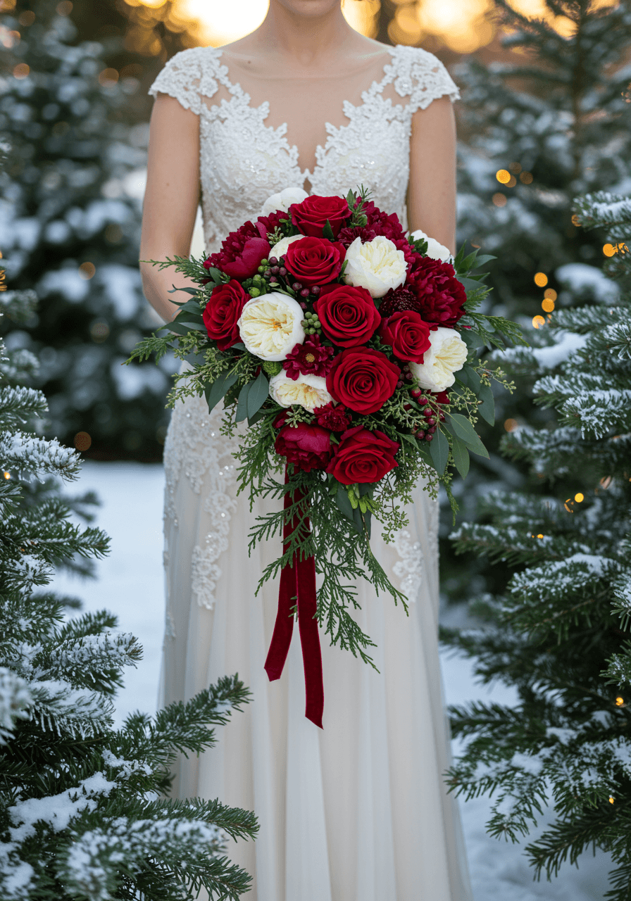 Bride holding cascading bouquet of deep red roses and white winter blooms in ivory gown with beadwork in snow-dusted winter garden