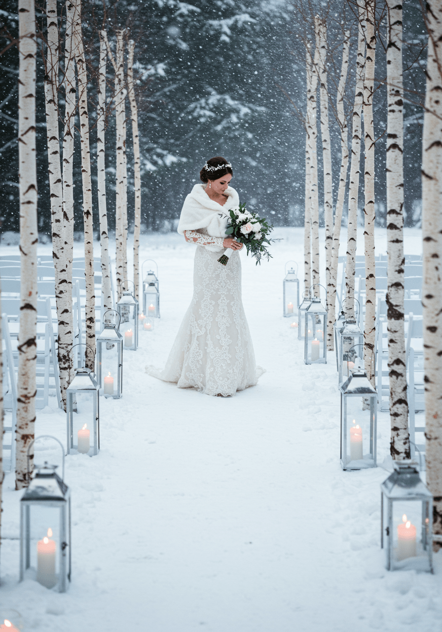 Winter wedding ceremony aisle with glass lanterns and white birch trees creating dreamy woodland setting with snow-covered ground