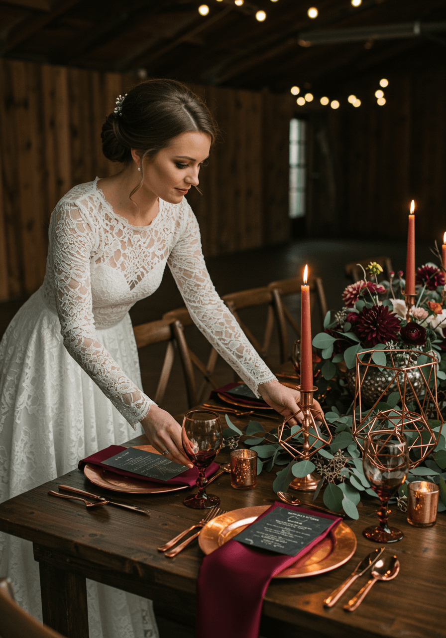 Wide view of burgundy and copper winter wedding reception table with geometric centerpieces and eucalyptus garlands