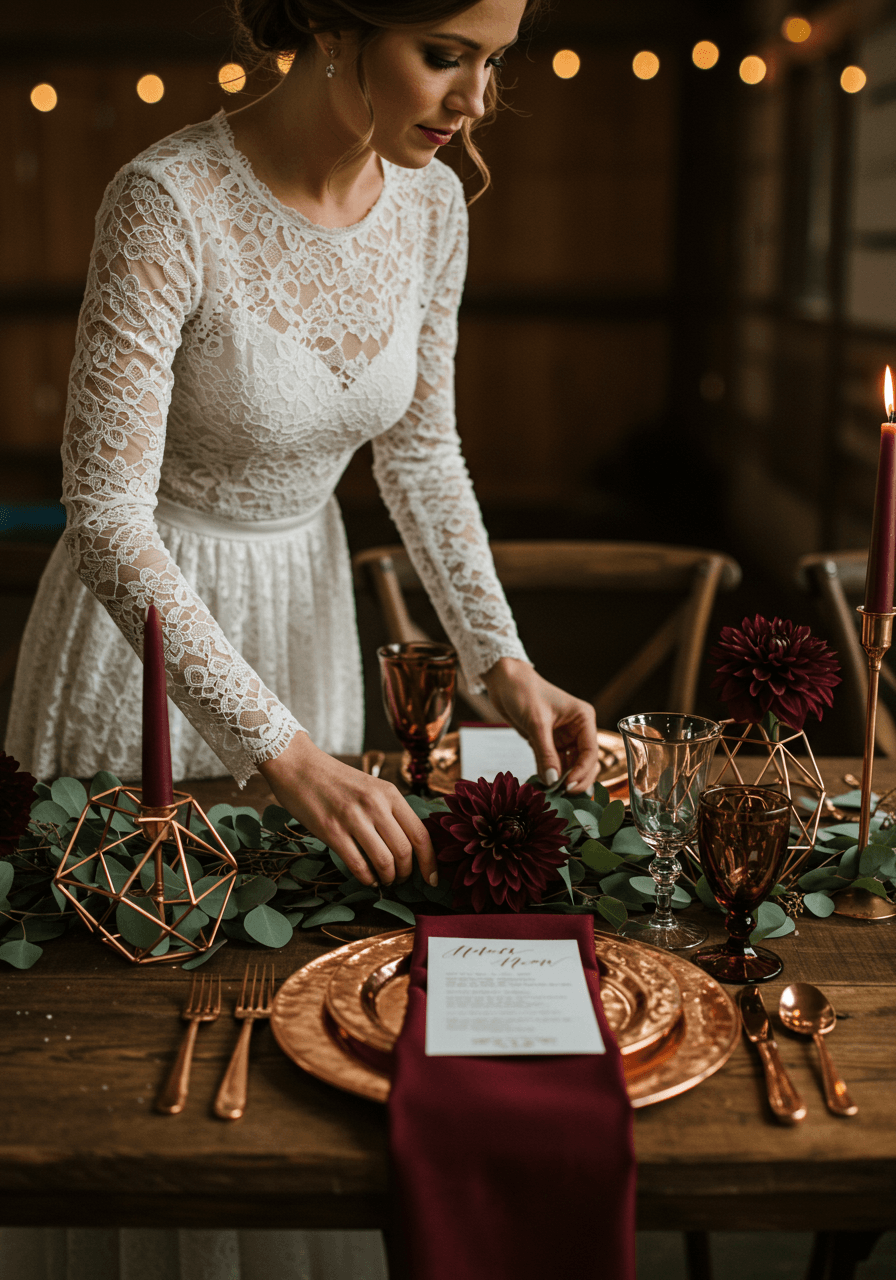 Bride adjusting copper place settings at burgundy and copper winter wedding tablescape in rustic-chic venue during late afternoon