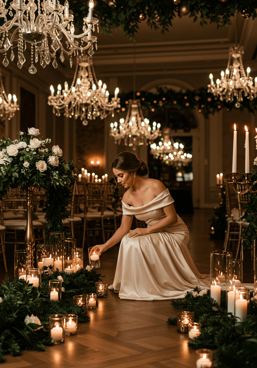 Floor-level candles creating romantic pathway in Christmas-decorated ballroom with emerald garlands