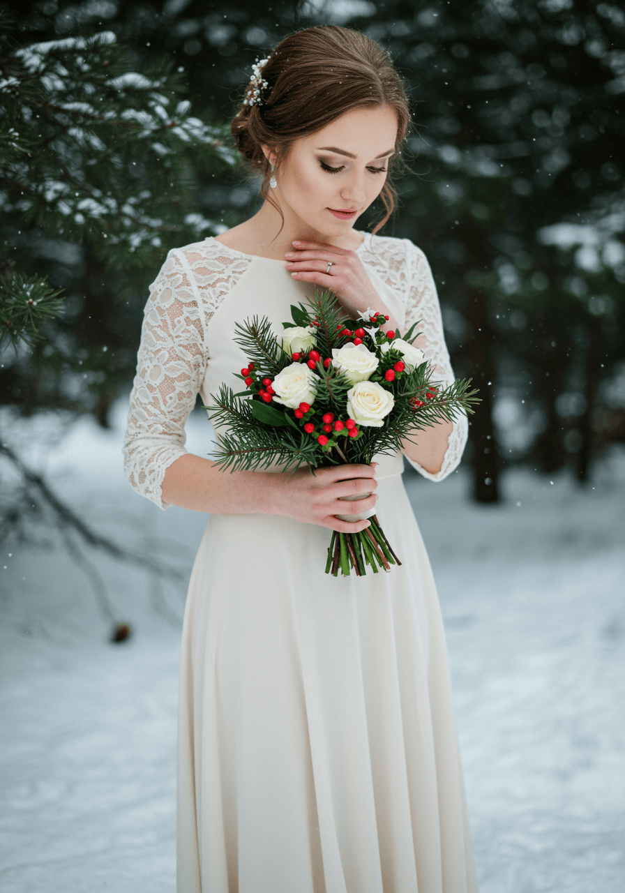 Winter bride posing with white rose and pine bouquet in snowy forest setting with evergreen trees and natural lighting