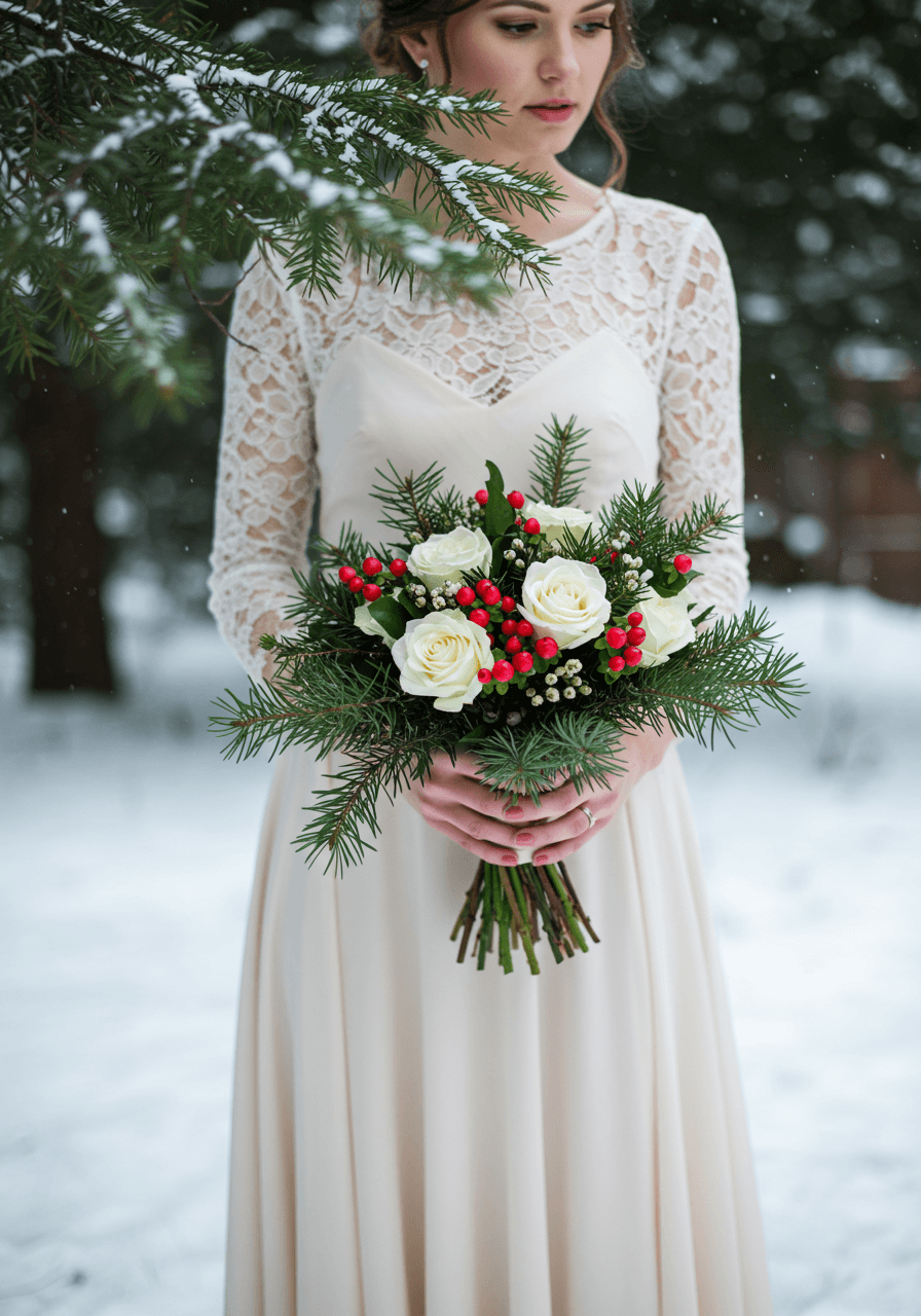 Bride in flowing ivory silk dress with lace sleeves holding winter bouquet in snow-covered Nordic forest clearing during soft daylight