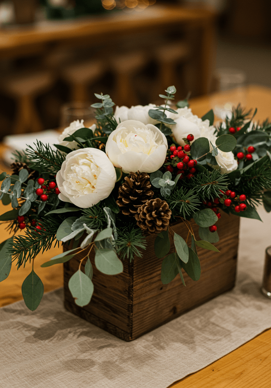 Elaborate winter wedding centerpiece with white peonies, eucalyptus, pine cones, and red berries arranged in rustic wooden box on farm table