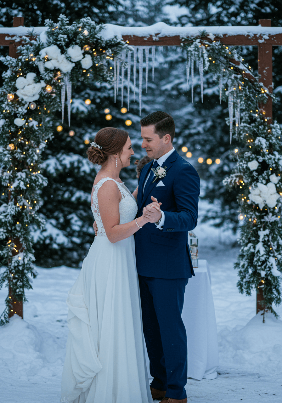 Couple embracing during their winter wedding ceremony in snowy pine forest with warm string lights creating romantic ambiance at dusk
