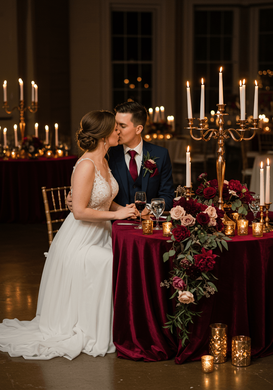 Intimate couple moment at winter wedding reception table with deep burgundy roses and copper candelabras in elegant candlelit venue