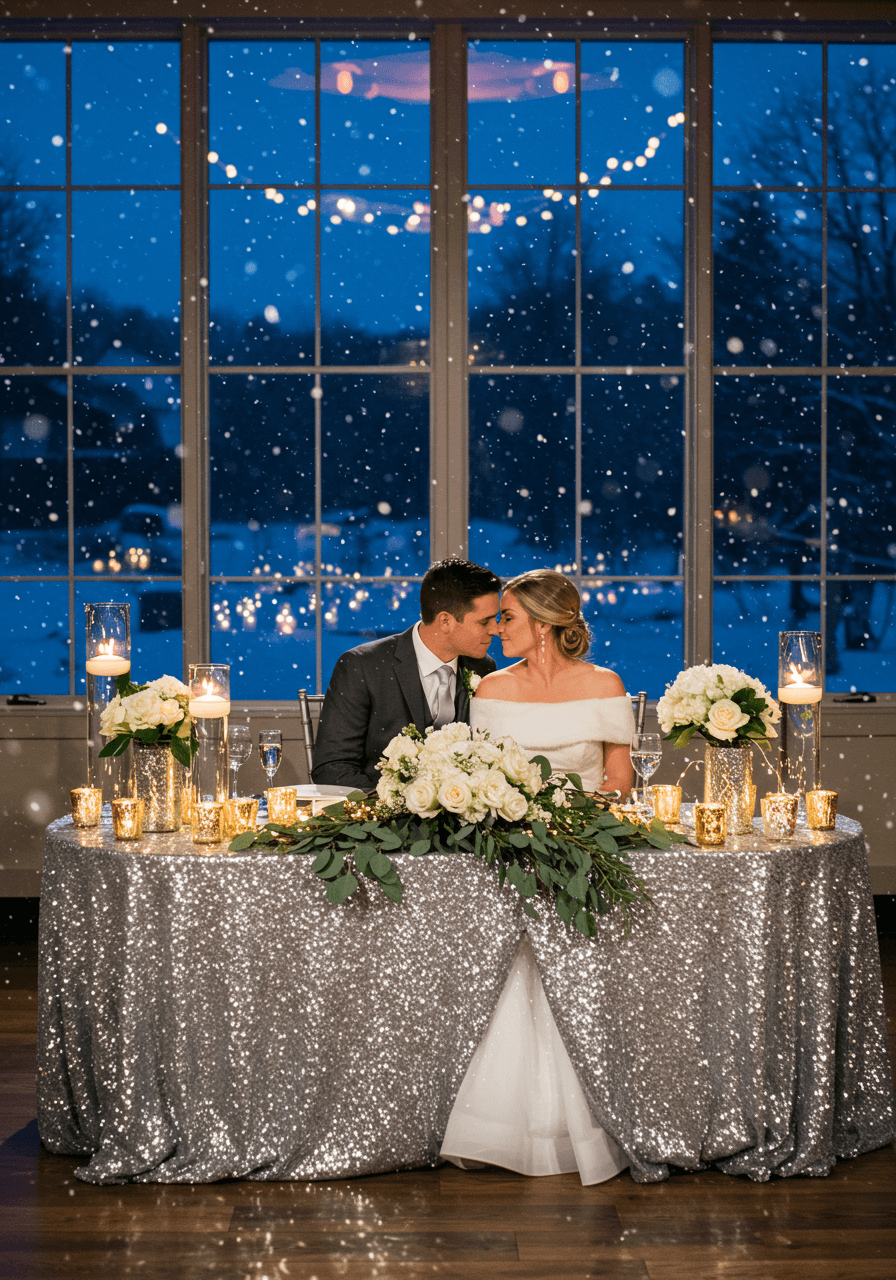 Bride and groom at winter wedding sweetheart table with silver linens and mercury glass centerpieces during twilight snowfall