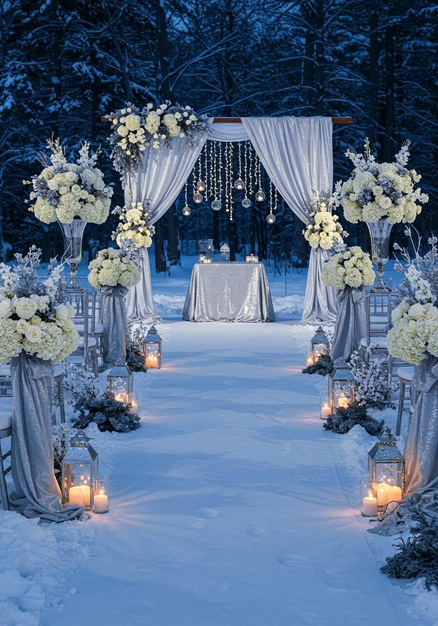 Winter wedding ceremony with silver-dusted white floral arrangements and crystalline decorations during magical blue hour dusk lighting