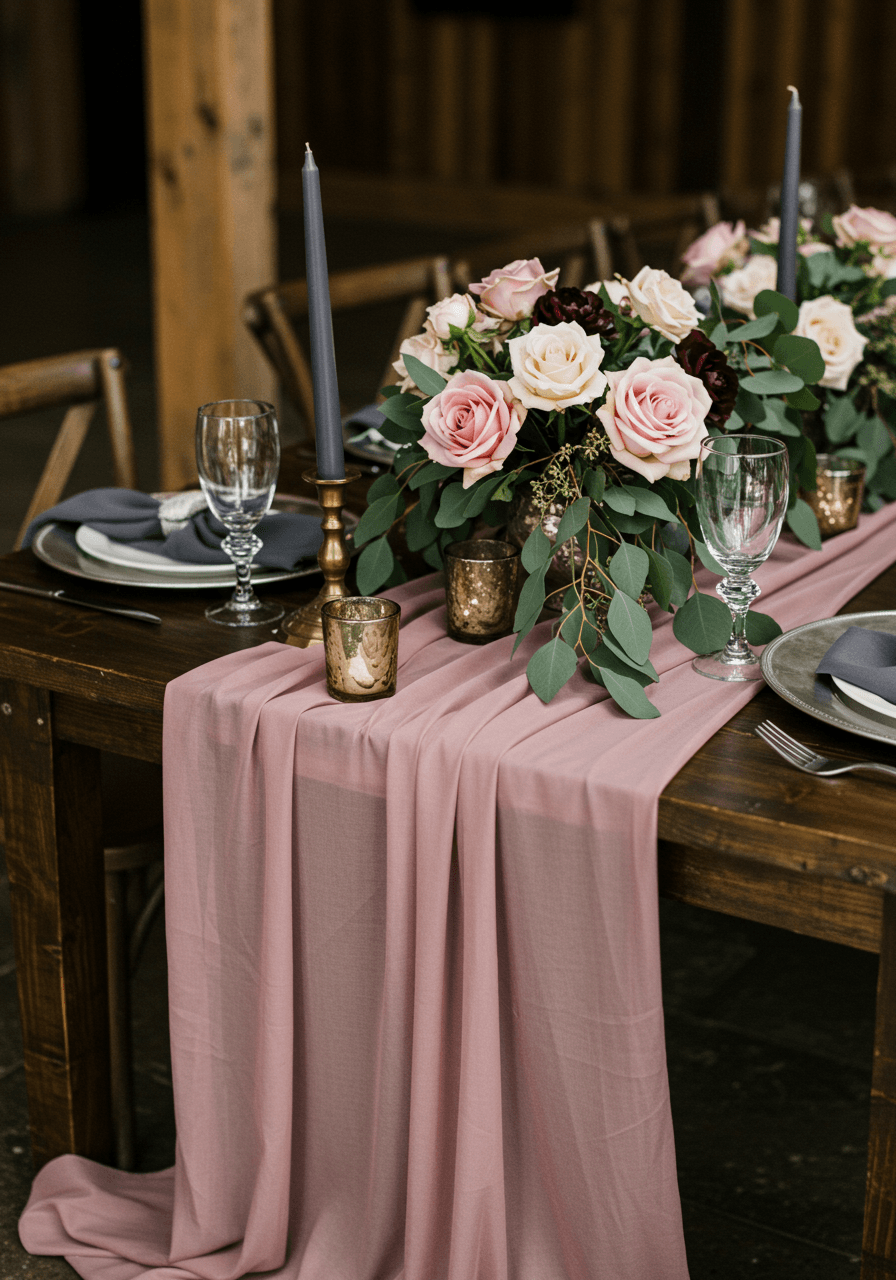 Wedding tablescape with dusty rose silk runner and charcoal napkins on rustic wooden table