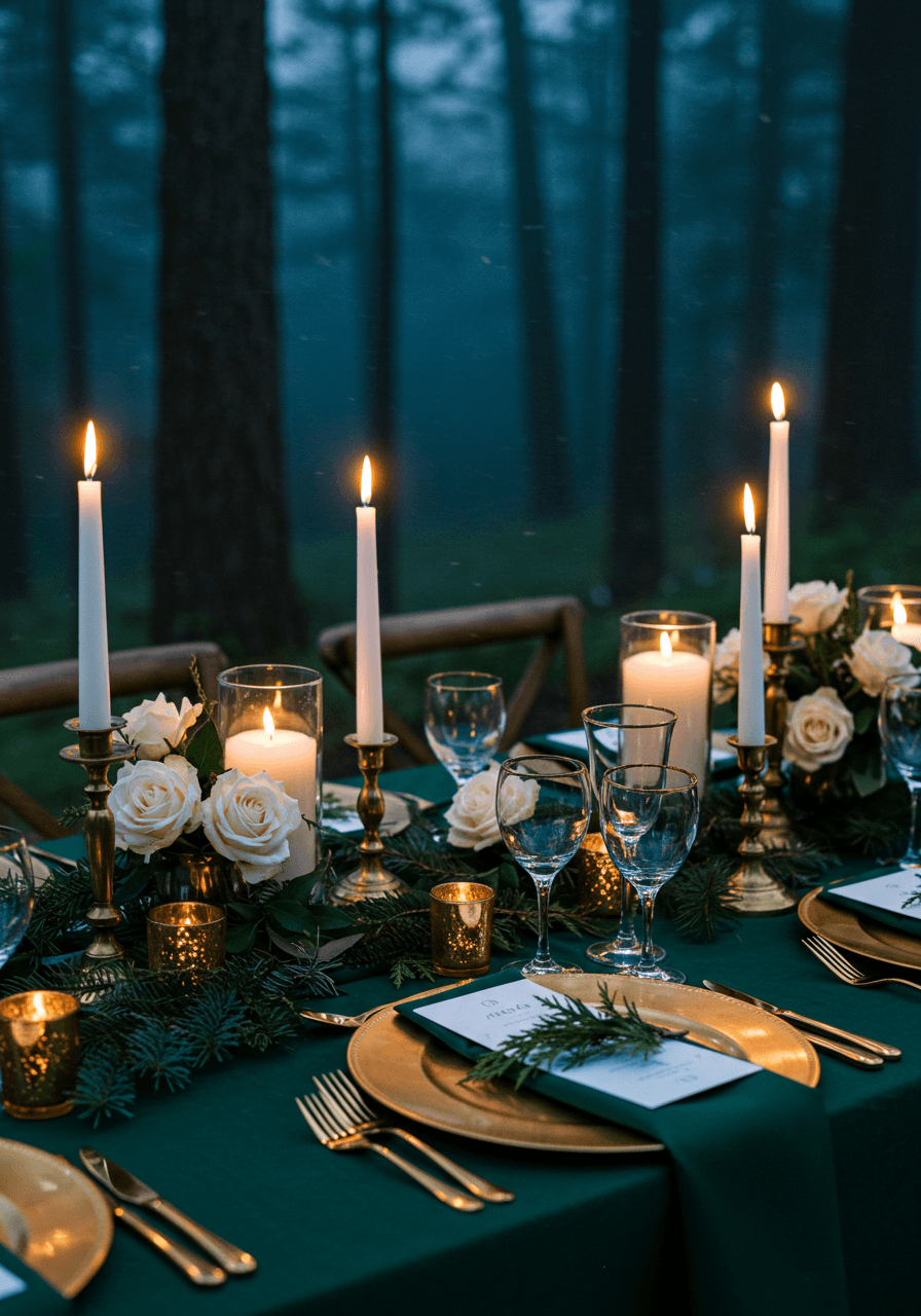 Elegant wedding reception among evergreen trees with antique gold accents during twilight