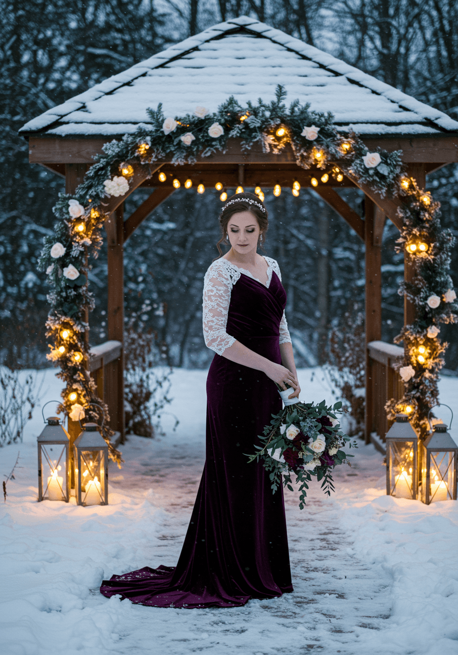 Bride in deep plum velvet wedding dress with ivory lace sleeves in snowy garden pavilion