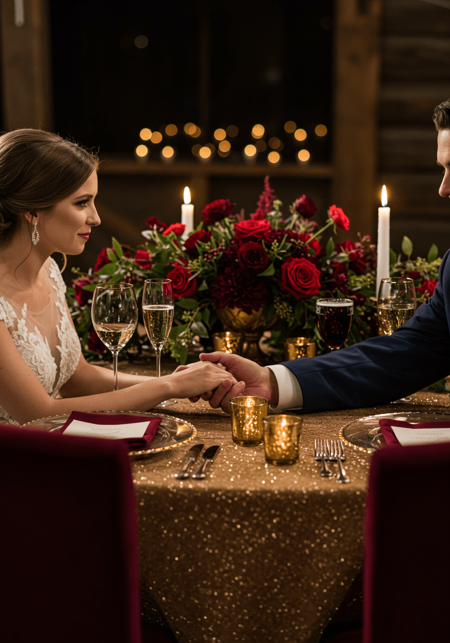 Close-up of couple's hands at elegantly set winter wedding reception table