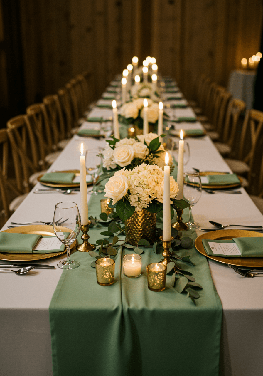 Wide angle view of sage green and cream wedding tablescape in elegant indoor setting