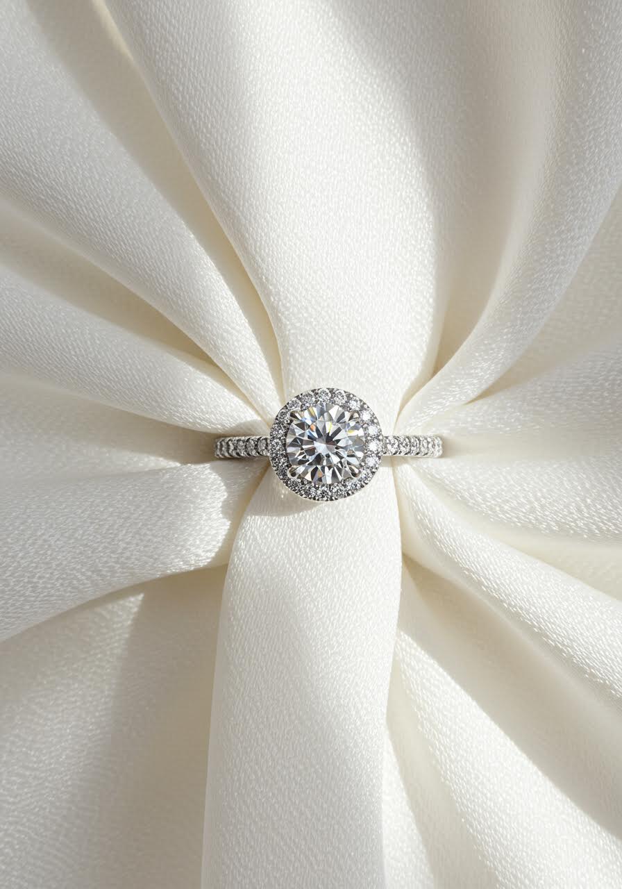 Close-up macro shot of halo diamond engagement ring showing intricate sparkle details