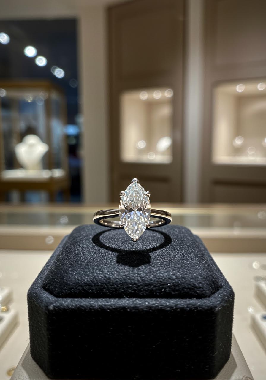 Wide boutique view of marquise diamond engagement ring in elegant black velvet setting