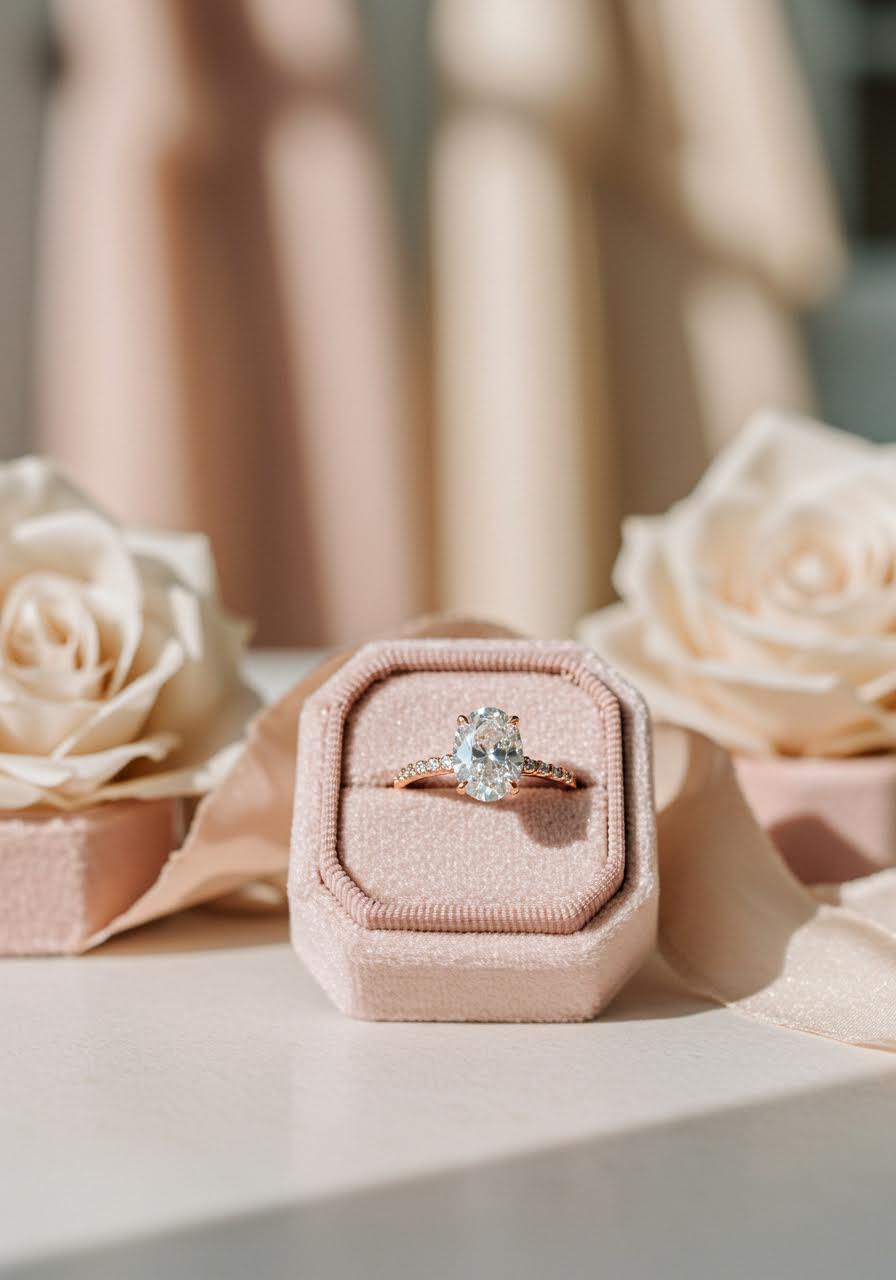 Wide view of oval diamond engagement ring in romantic blush and rose gold styling