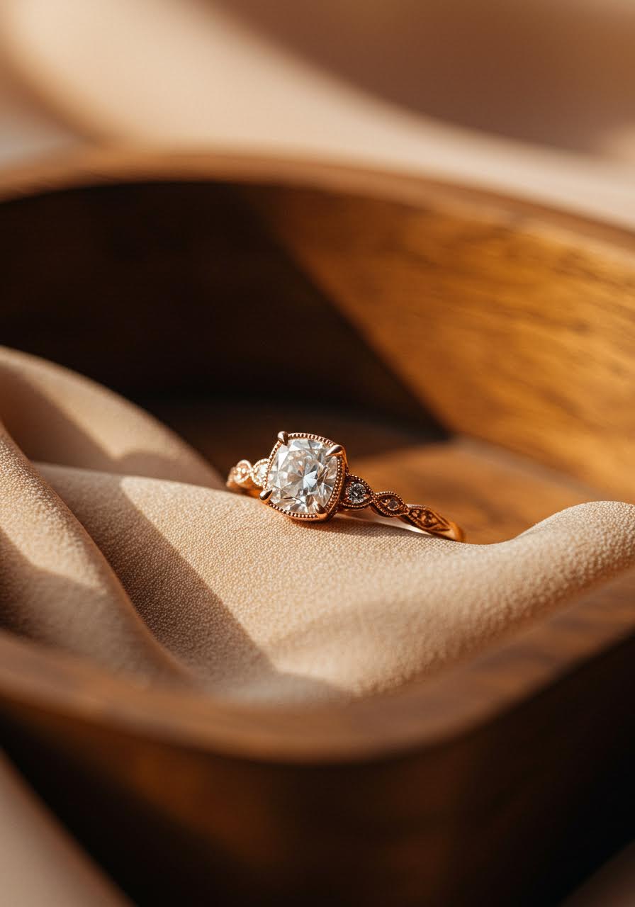 Rose gold vintage-inspired cushion cut diamond engagement ring on champagne silk