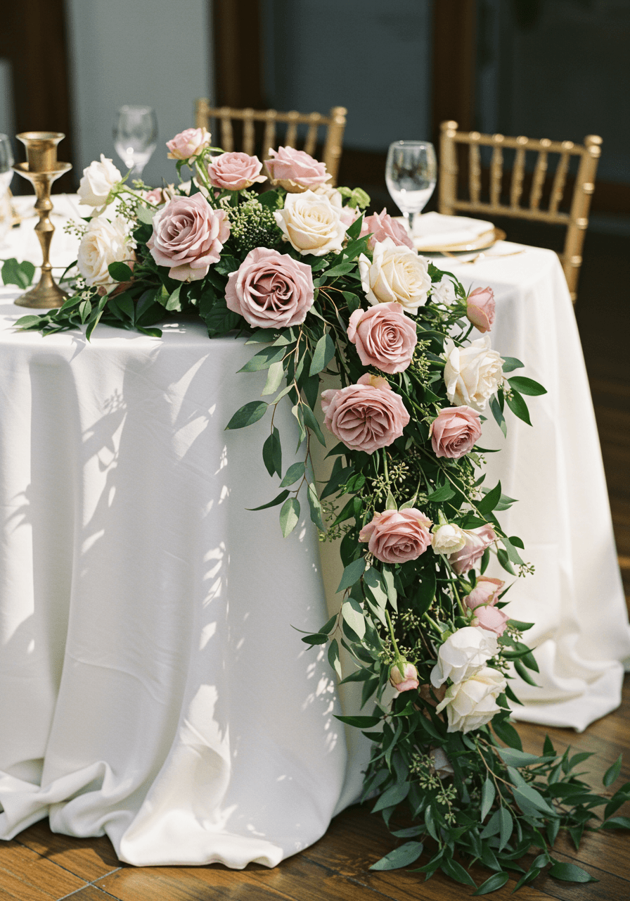 Detailed view of elaborate floral table runner with dusty rose blooms and trailing greenery