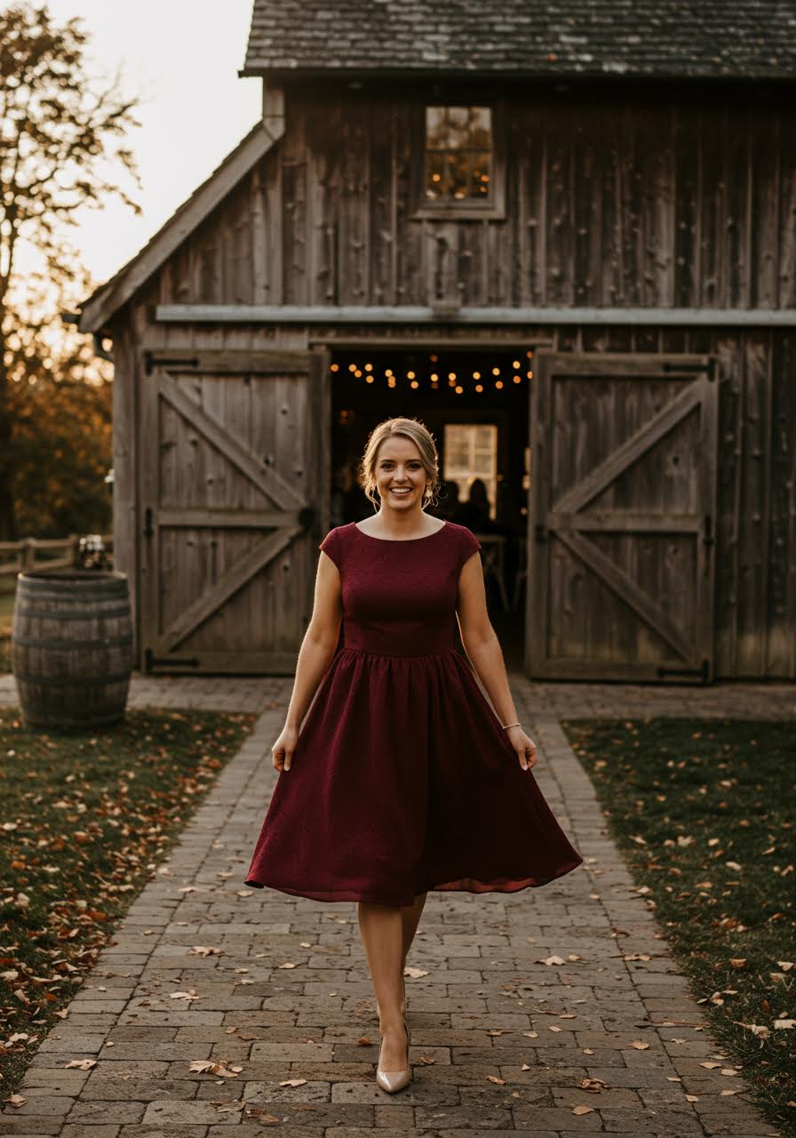 Woman in burgundy fit and flare dress walking along rustic barn pathway