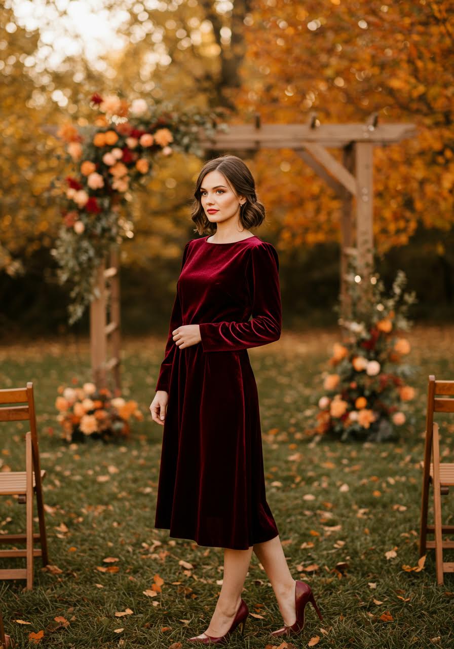 Elegant woman in burgundy velvet midi dress posed against autumn foliage backdrop