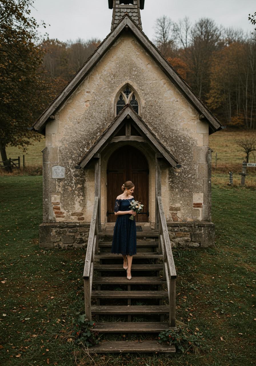 Wide view of wedding guest in navy off-shoulder dress at charming country chapel