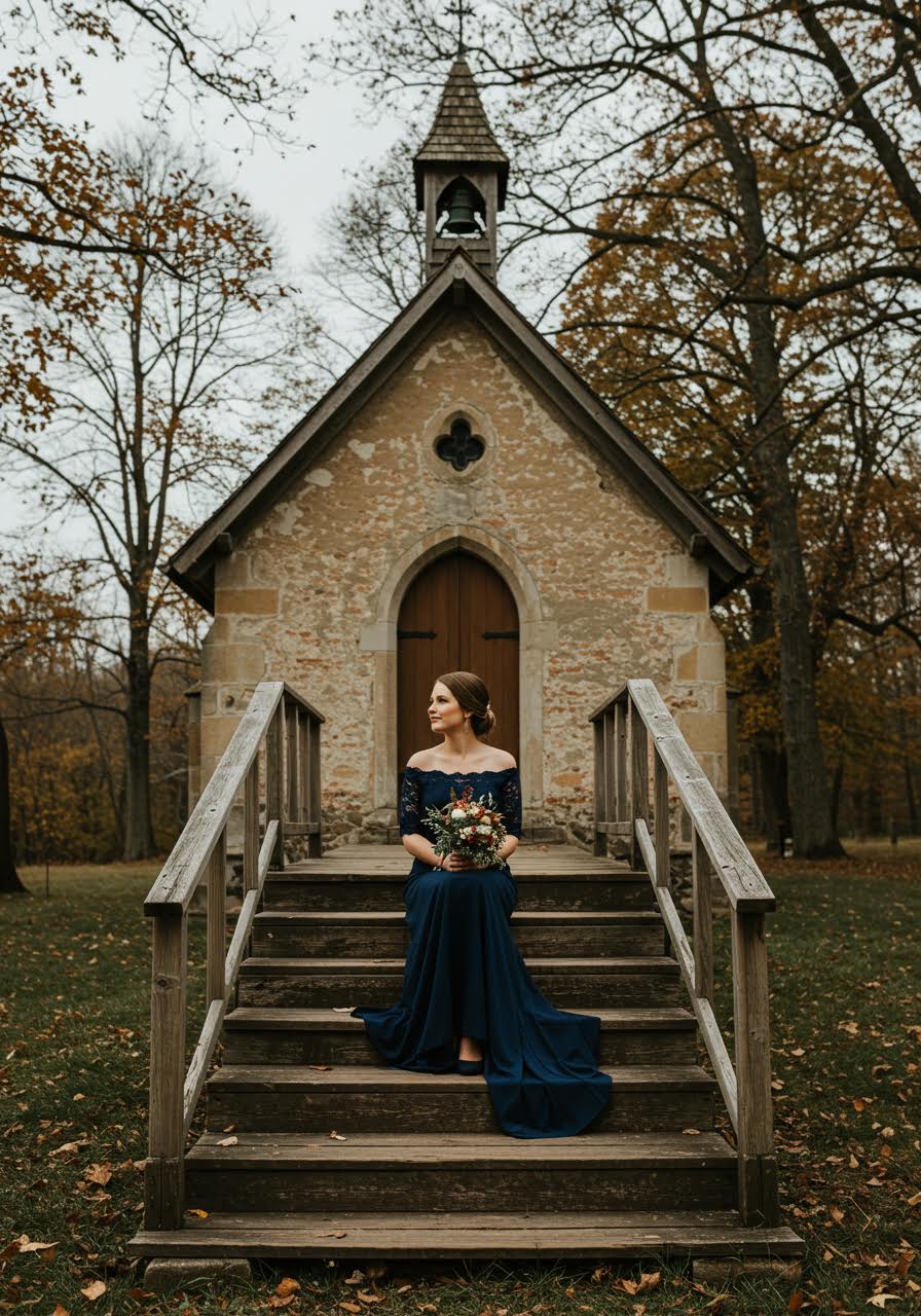 Elegant woman in navy off-shoulder dress posed on country chapel steps