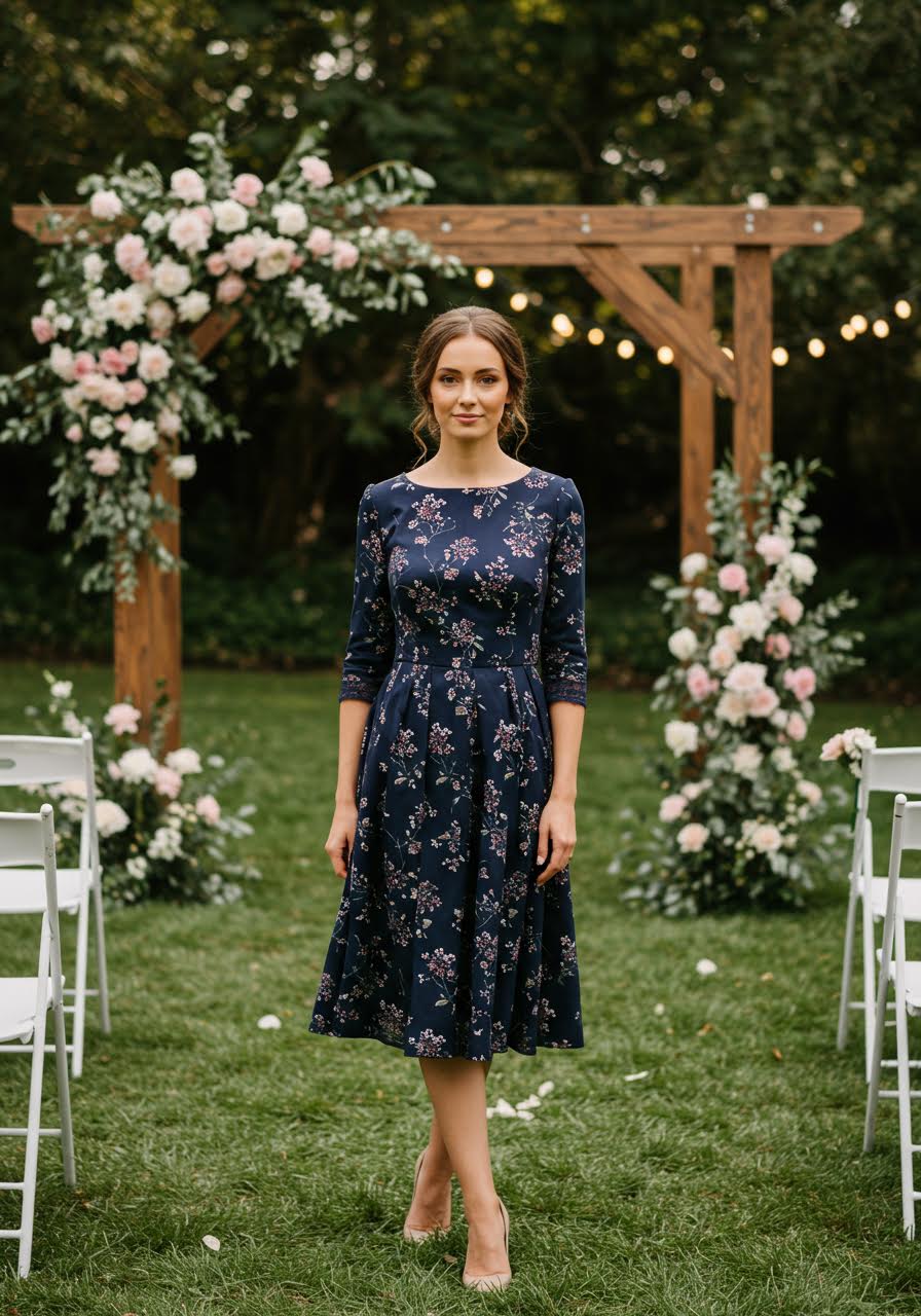 Woman in navy floral midi dress walking through garden wedding ceremony setup during golden hour