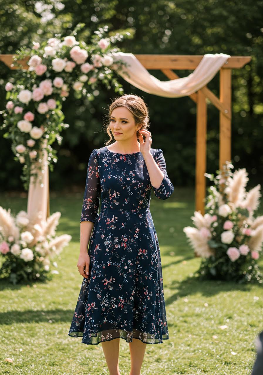 Elegant guest adjusting hair whilst wearing navy floral midi dress at outdoor wedding venue