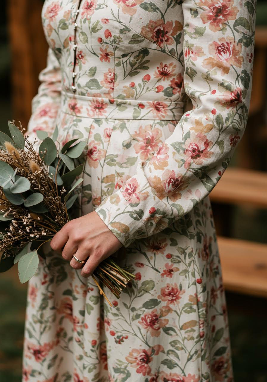 Close-up detail of hands holding bouquet with delicate floral print dress fabric visible