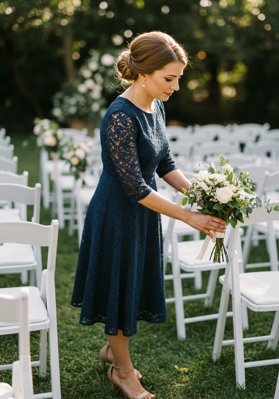 Wedding guest adjusting position in chair while wearing navy A-line dress