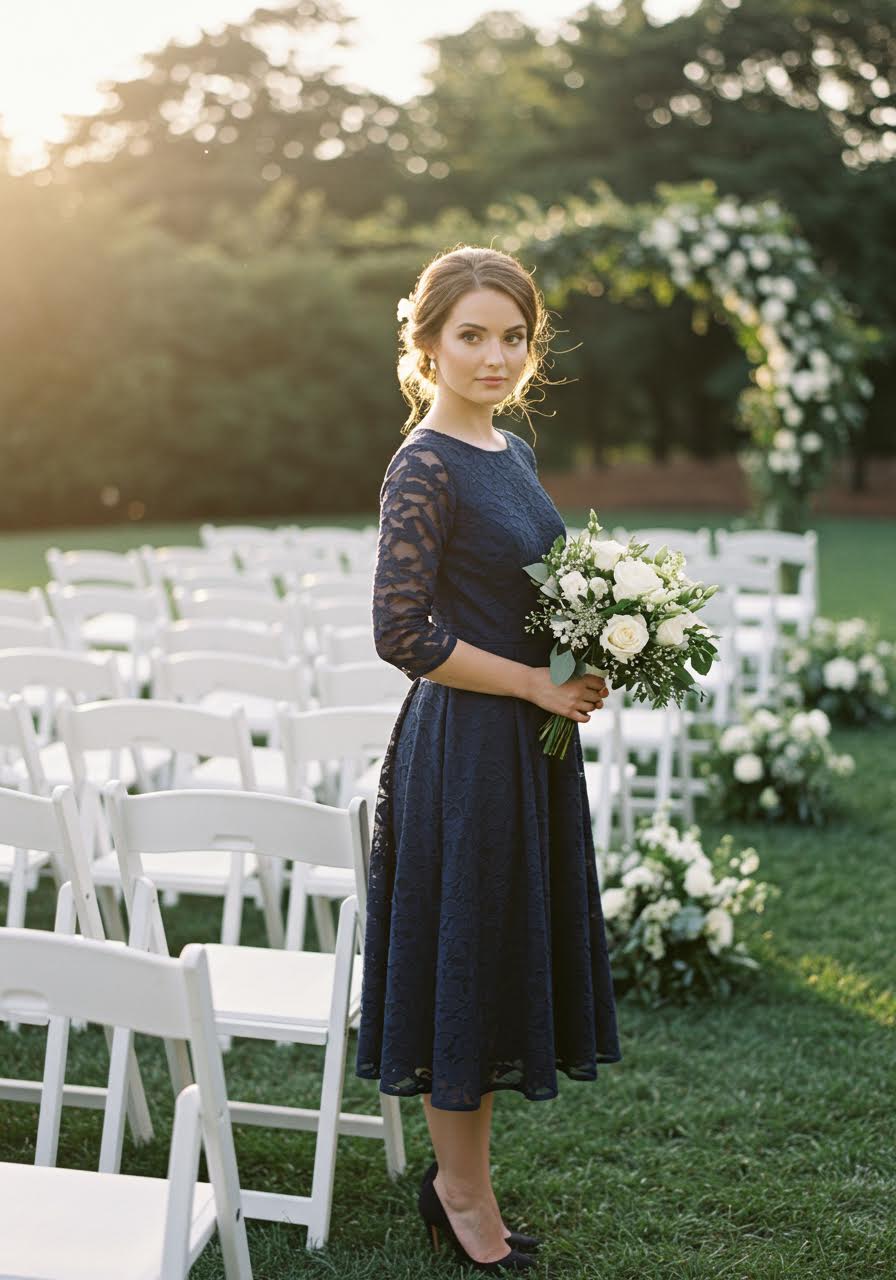 Woman in navy A-line dress positioned among ceremony chairs during golden hour