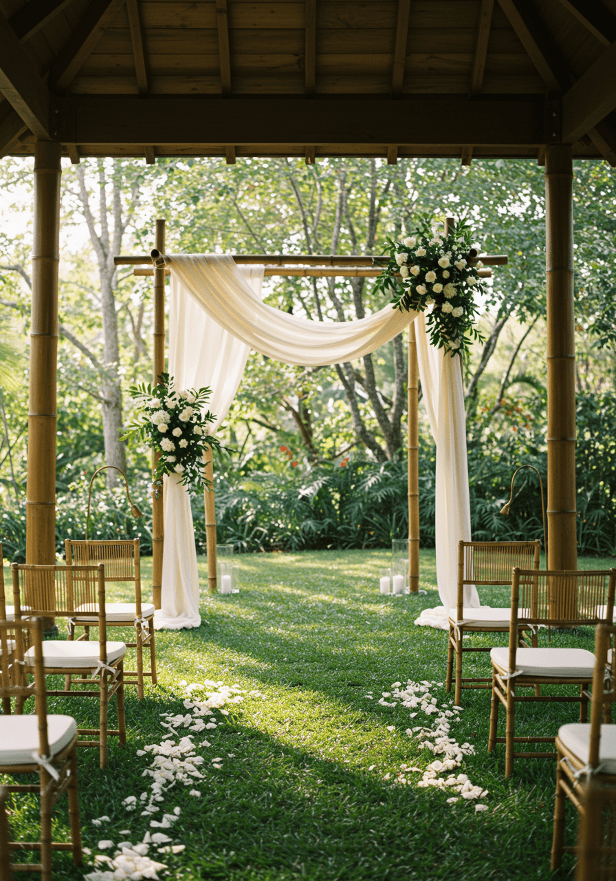 Outdoor garden ceremony featuring bamboo arch structures and natural bamboo chair backs in serene pavilion setting