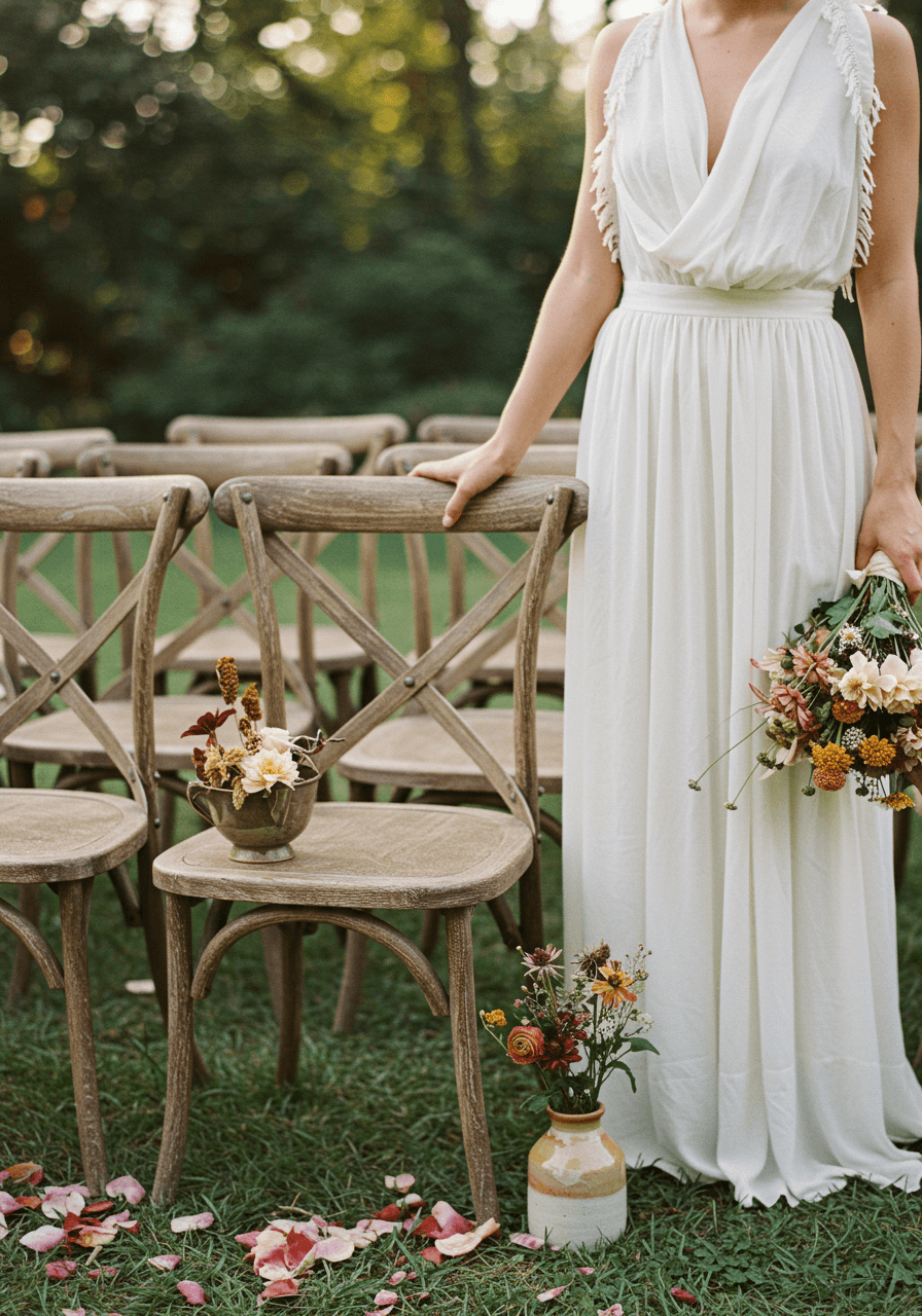 Bride in flowing organic cotton dress with frayed edges beside weathered wooden ceremony chairs in garden setting