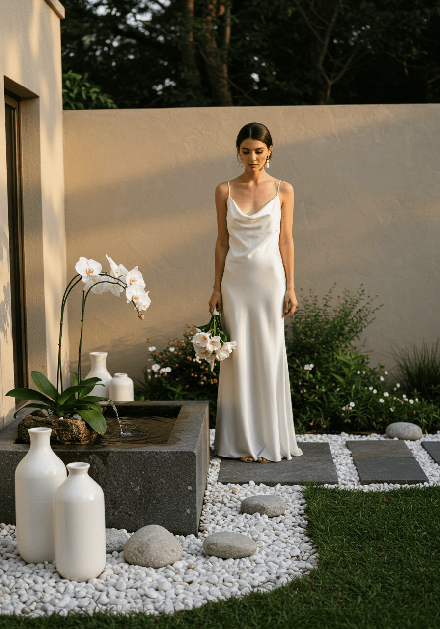 Bride in silk slip dress beside minimalist stone water feature with white pebbles and orchid accents in zen garden