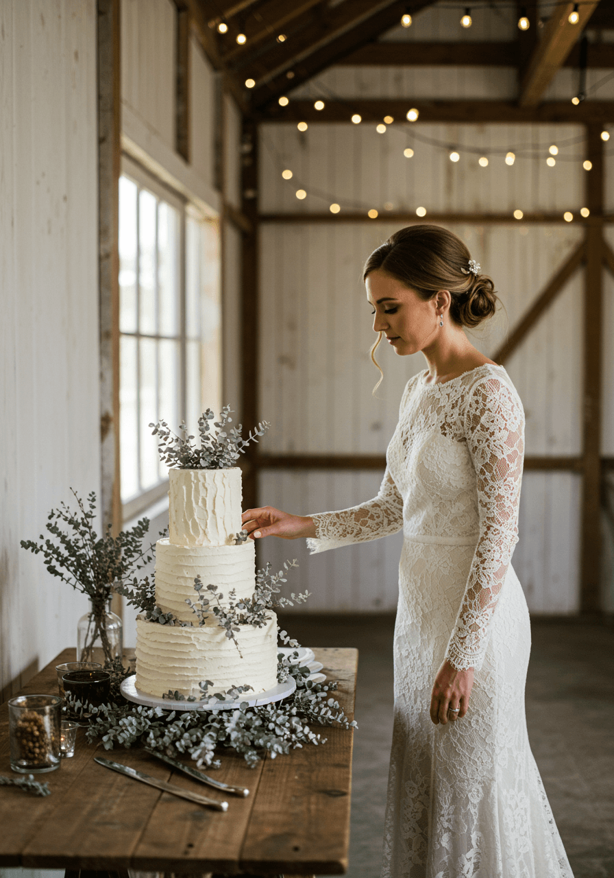 Bride in ivory lace dress gently touching textured white wedding cake adorned with dried ruscus in converted barn venue