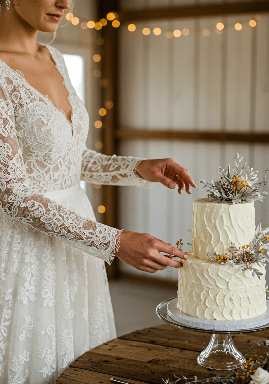 Intimate moment of bride's delicate hands near wedding cake adorned with bleached ruscus in rustic barn setting