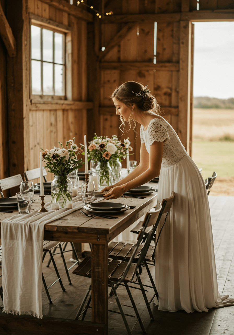 Bohemian bride in delicate lace sleeves arranging matte black flatware and stoneware at farmhouse table