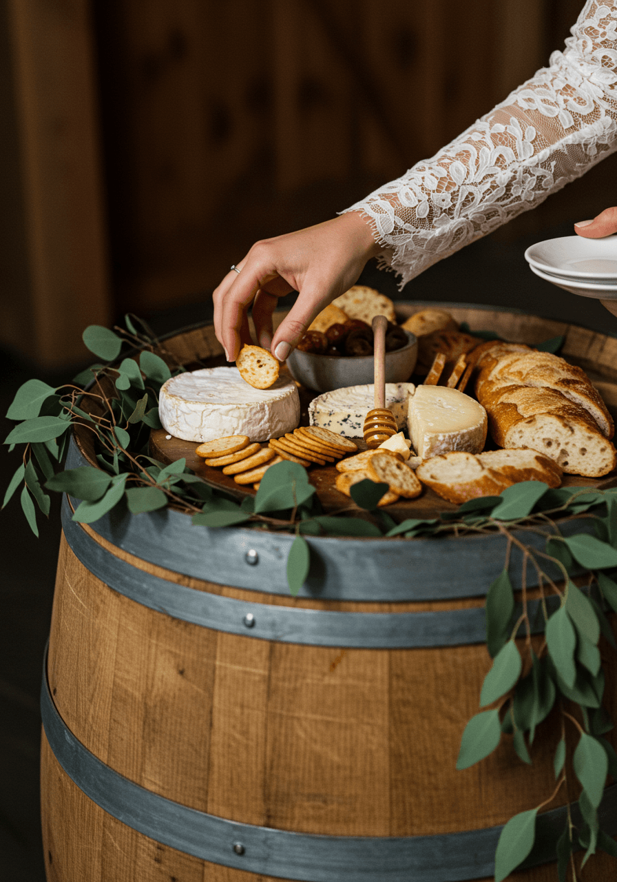 Bride's lace-sleeved hands selecting artisanal cheese from grazing spread on eucalyptus-adorned wine barrels
