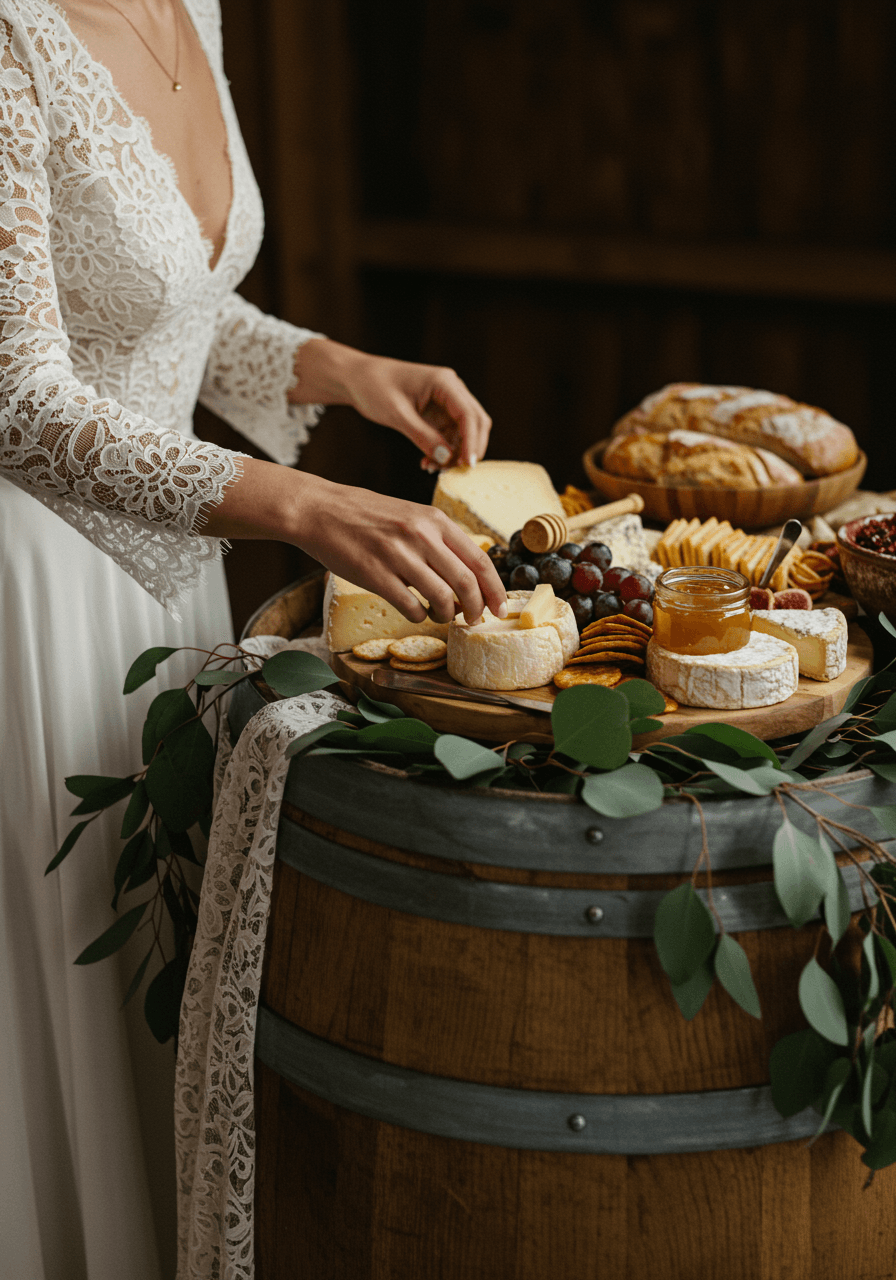 Intimate detail of bride arranging cheese and crackers at rustic wine barrel grazing station in barn venue