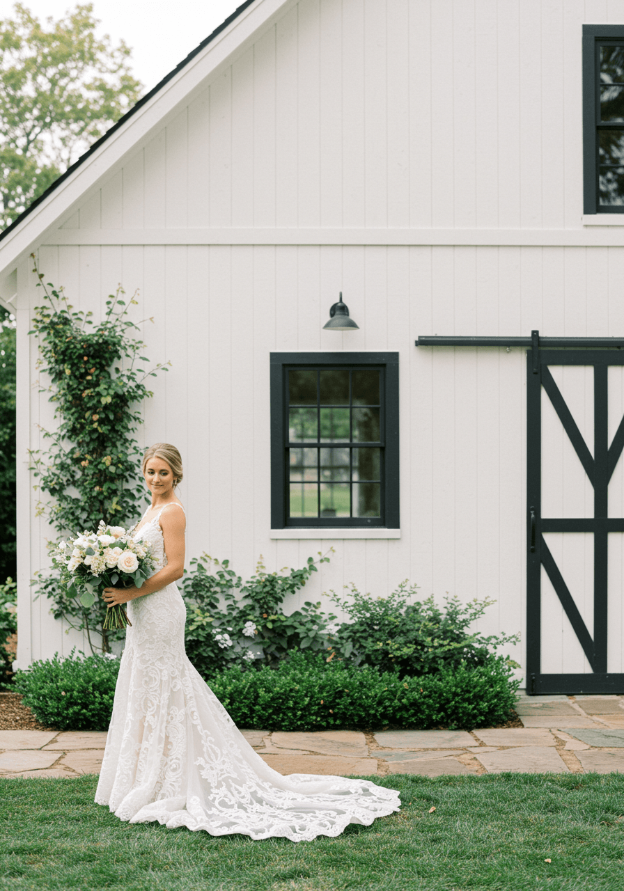 Stunning bridal portrait against white barn with geometric black window details and cascading ivy