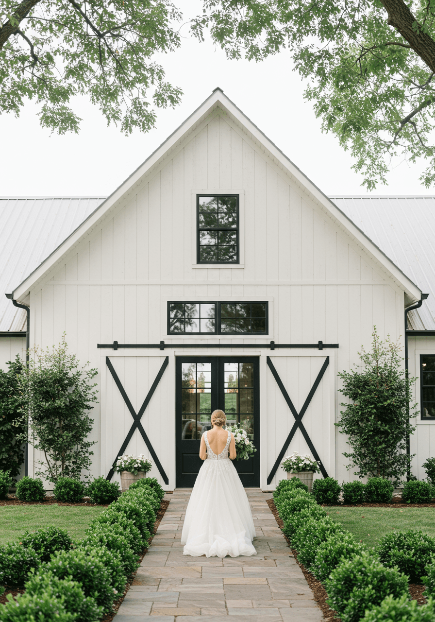 Bride in flowing ivory gown approaching elegant white barn through perfectly manicured garden pathways