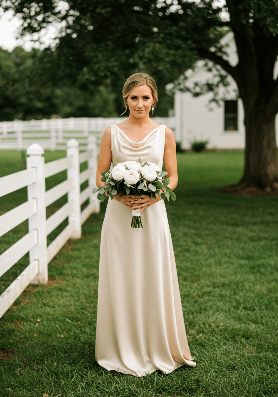 Bridesmaid in champagne satin floor-length dress holding white peony bouquet in farmhouse garden setting