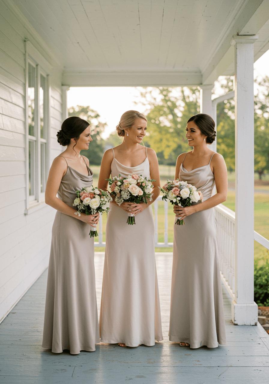 Three bridesmaids in mismatched neutral satin gowns standing on white farmhouse porch with vintage architectural details