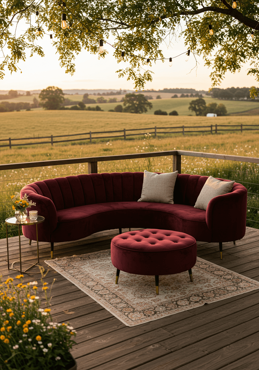 Curved burgundy velvet sectional with ottoman arranged on wooden deck overlooking rolling farmland vista