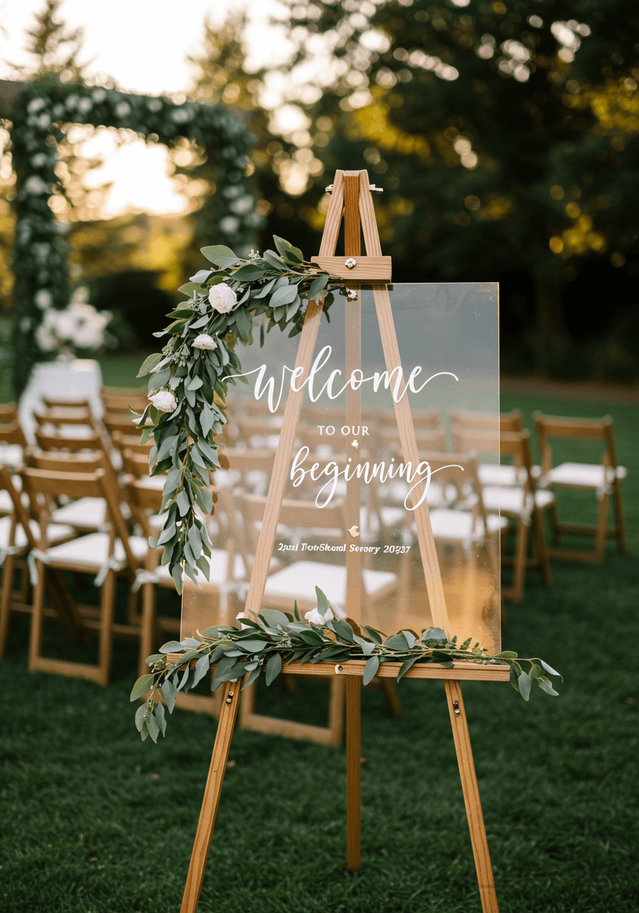 Transparent acrylic welcome sign with elegant calligraphy mounted on rustic wooden easel in garden ceremony space