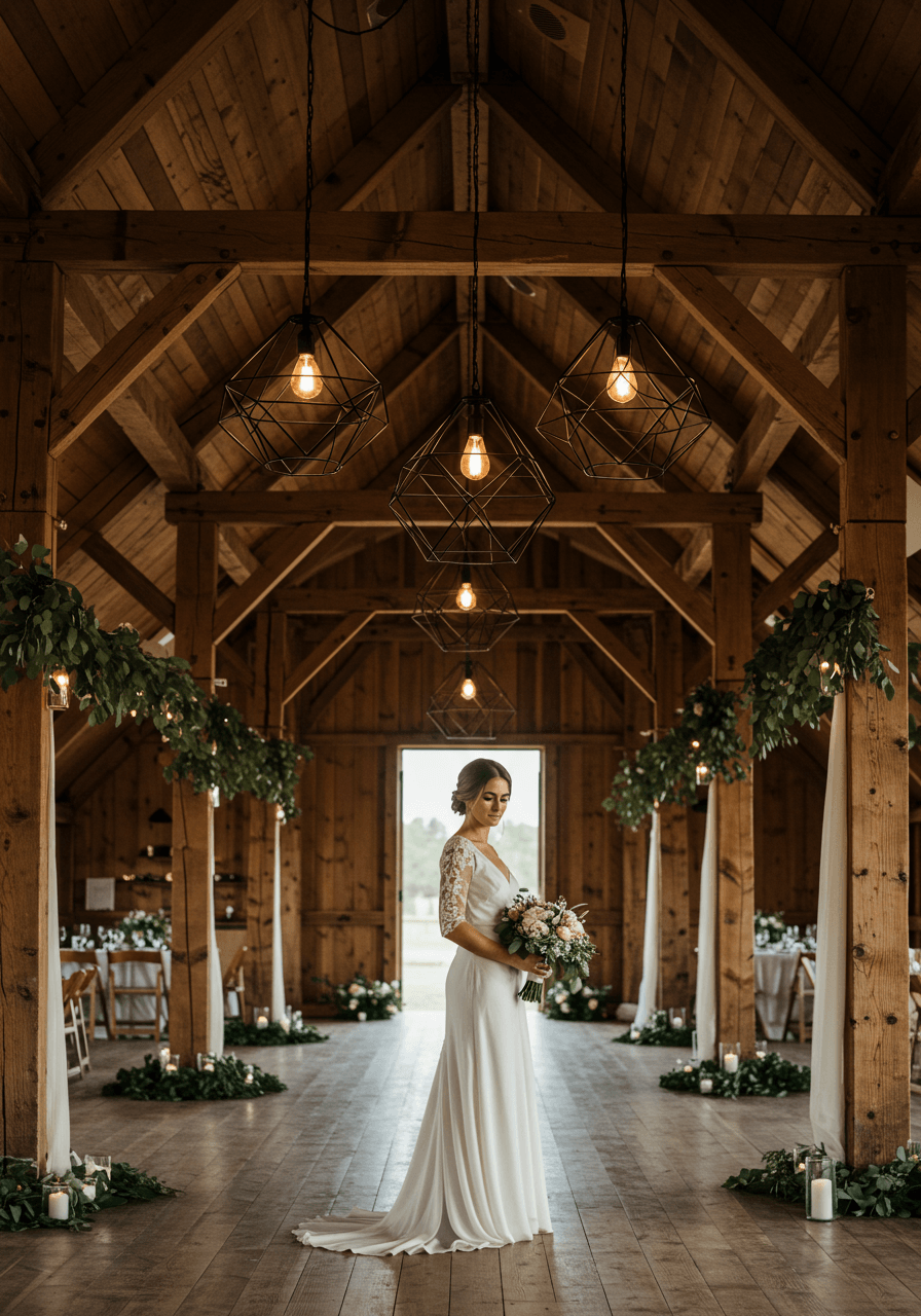 Radiant bride in flowing ivory silk dress beneath dramatic black geometric pendant lights in farmhouse reception space