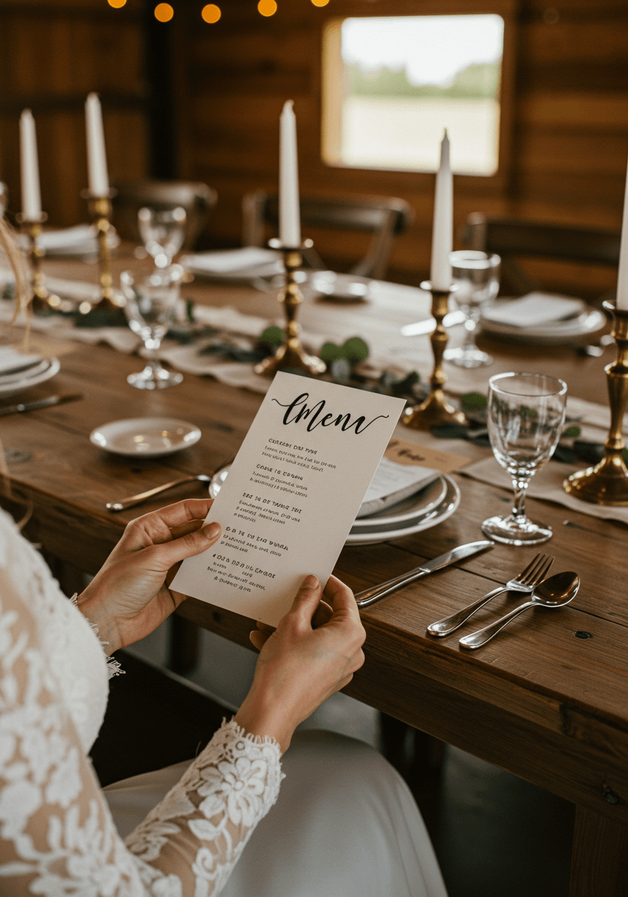 Bride's elegant hands holding cotton paper menu with bold typography while seated at farmhouse reception table