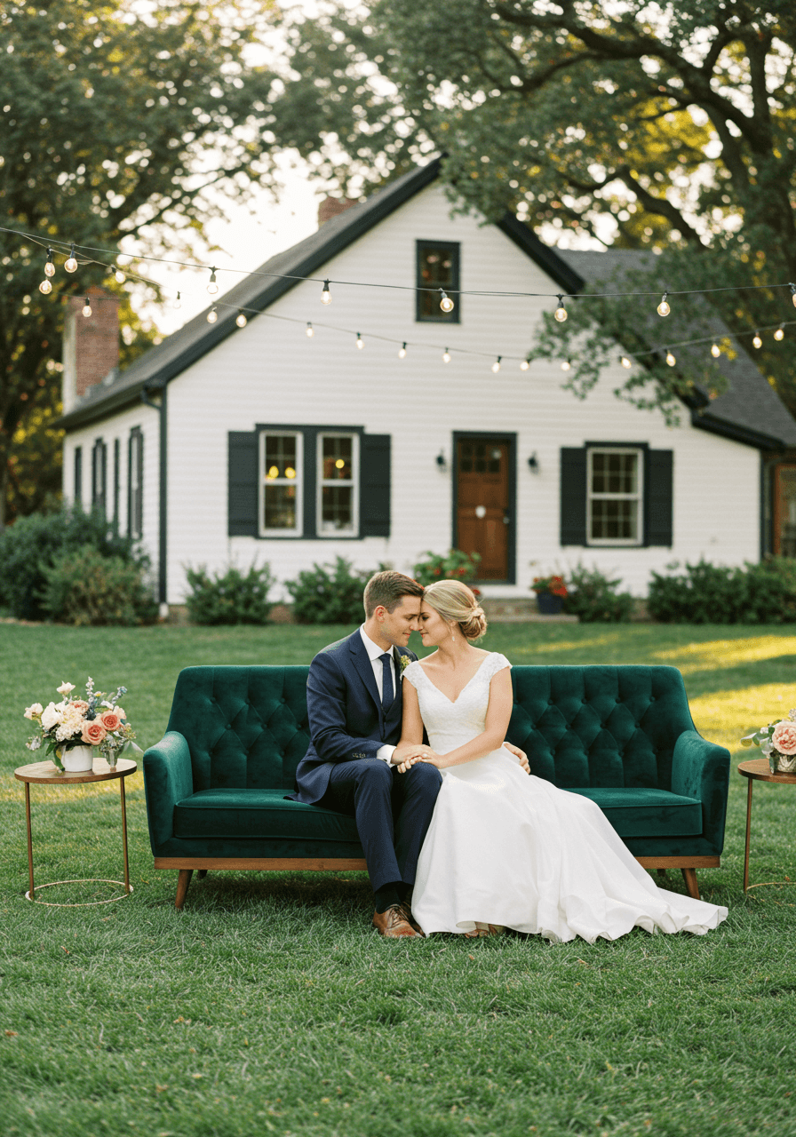 Intimate couple relaxing on emerald velvet mid-century sofa positioned on manicured lawn beside rustic farmhouse